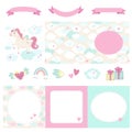 Unicorn theme. Big set of cute blank cards and tags with seamless pattern and decorative elements